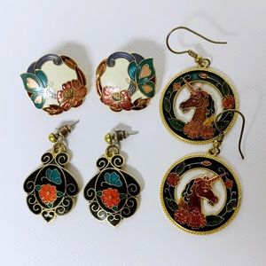 Vintage Cloisonne Flower Butterfly Unicorn Pierced Earrings Lot of 3